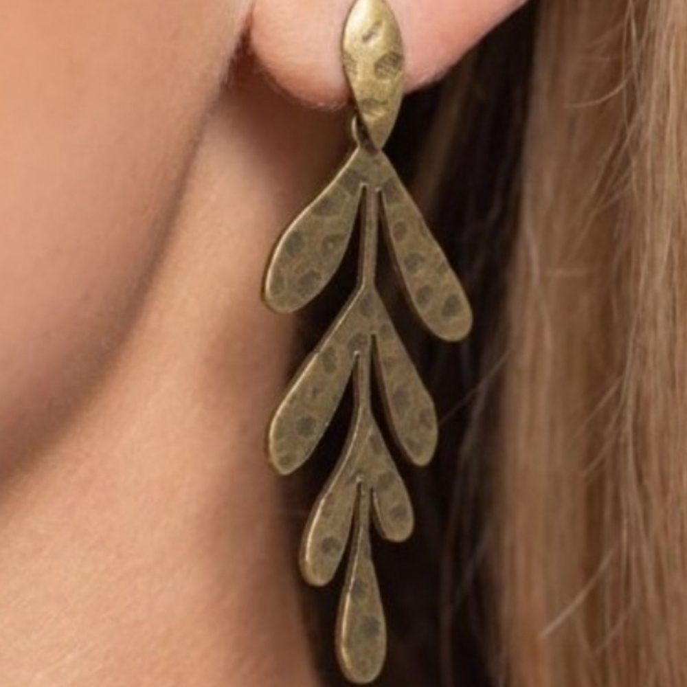 Feminine Floral Jungle Fauna Brass Paparazzi Textured Gold Leaf Earrings - Picture 5 of 5